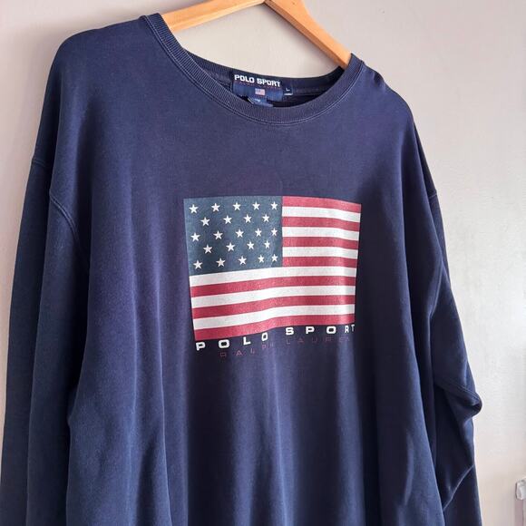 Polo Sport Ralph Lauren Vintage Crew Neck USA Flag Sweatshirt Large Blue 90s - Picture 2 of 6